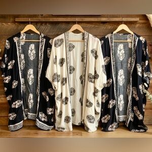 Boho Floral Kimono  lightweight Cardigan  SET of Three- Ivory & Black and navy